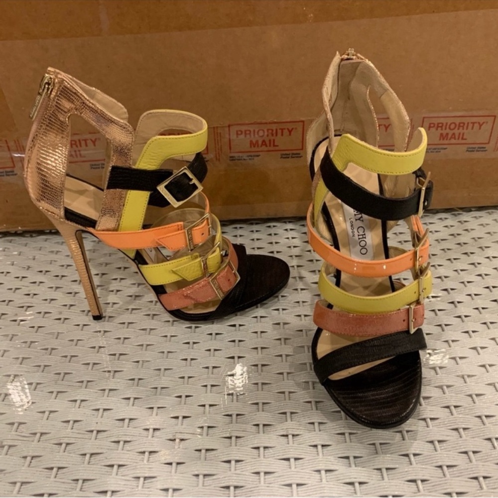 Jimmy Choo rose gold black yellow buckle gladiator stiletto sandal size 38.